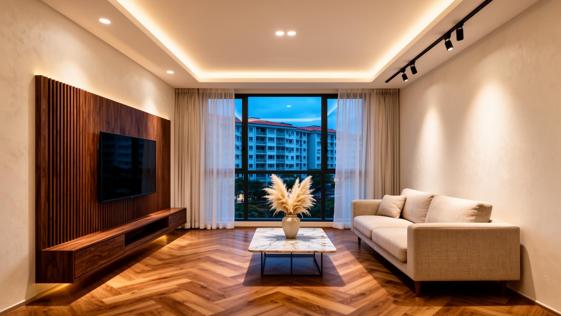 A Singapore living room lit with Near architectural lighting