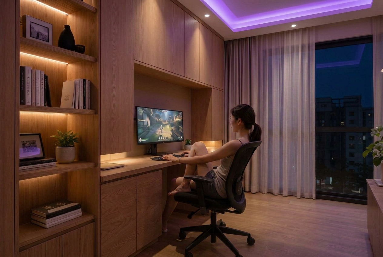 The same study room at night with warm white light and a violet cove
