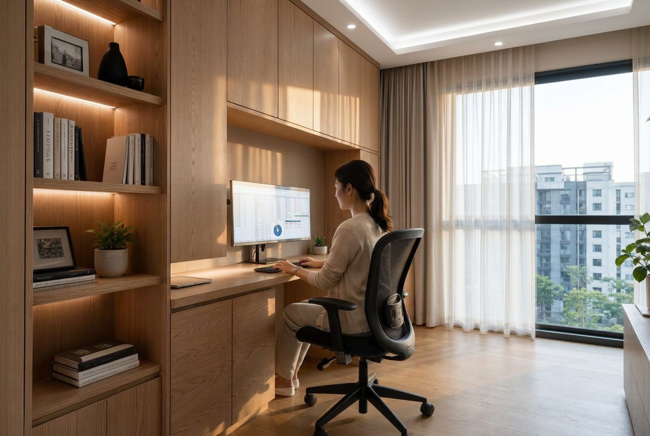 Study room under bright neutral morning light